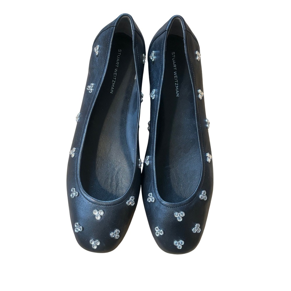 Stuart Weitzman Black Leather Crystal Embellished Square Toe Ballet Flats 10